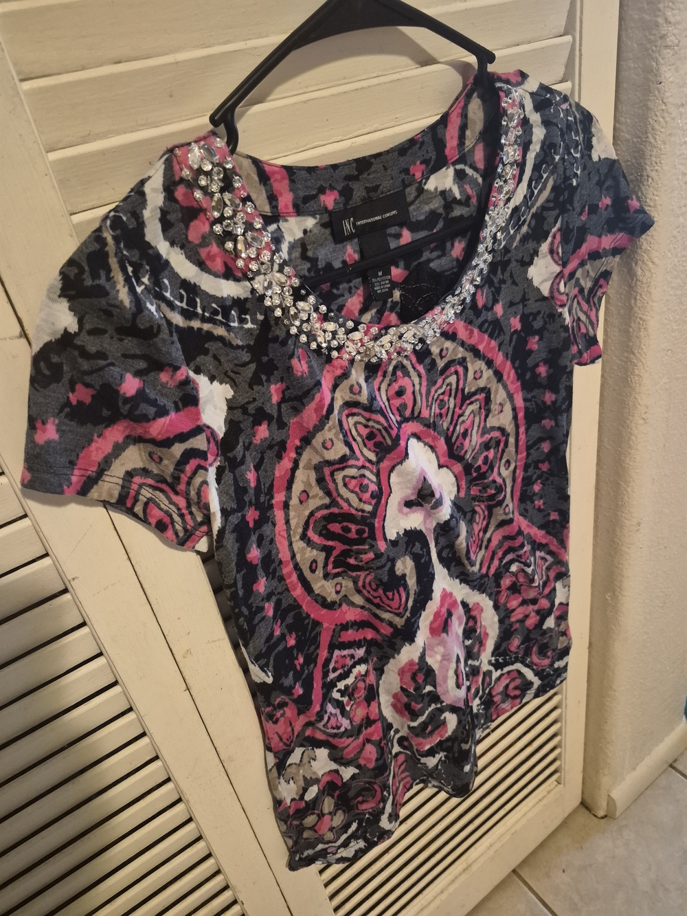 INC International Concepts Navy and Pink Bejeweled Short Sleeve Top